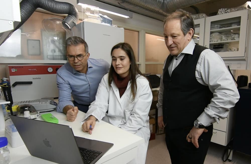 The CEO, CSO, and CTO of the project reviewing information on a laptop in a lab.